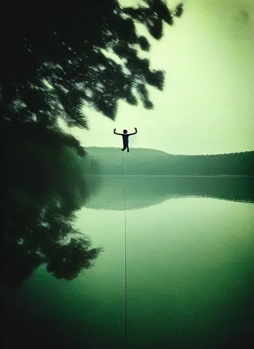 Image similar to “pepe the frog vertically hovering above misty lake waters in jesus christ pose, low angle, long cinematic shot by Andrei Tarkovsky, paranormal, eerie, mystical”