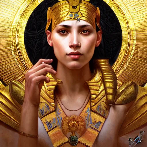 Image similar to portrait of egyptian sun god, intricate, elegant, highly detailed, digital painting, artstation, concept art, smooth, sharp focus, illustration, art by artgerm and greg rutkowski and alphonse mucha and william - adolphe bouguereau