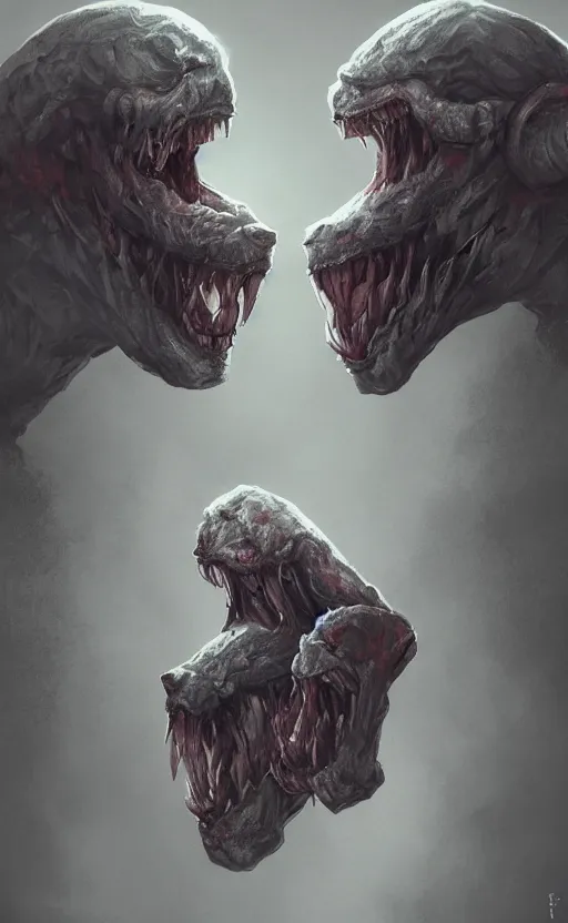 Image similar to full body portrait of of a two headed monster smiley creepily, dynamic lighting, photorealistic, fantasy concept art, ambient lighting, atmospherical, stunning visuals, creative, cinematic, ultra detailed, trending on art station