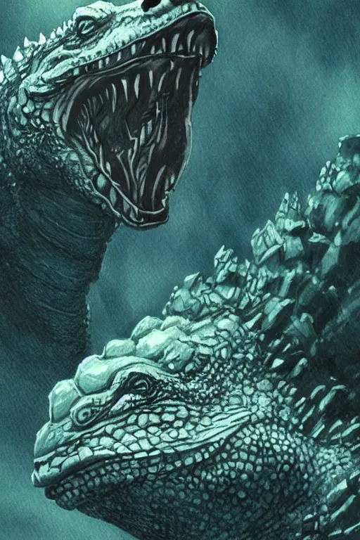 Prompt: the head of Godzilla, kaiju, sea creature, crocodile, iguana by carlos huante