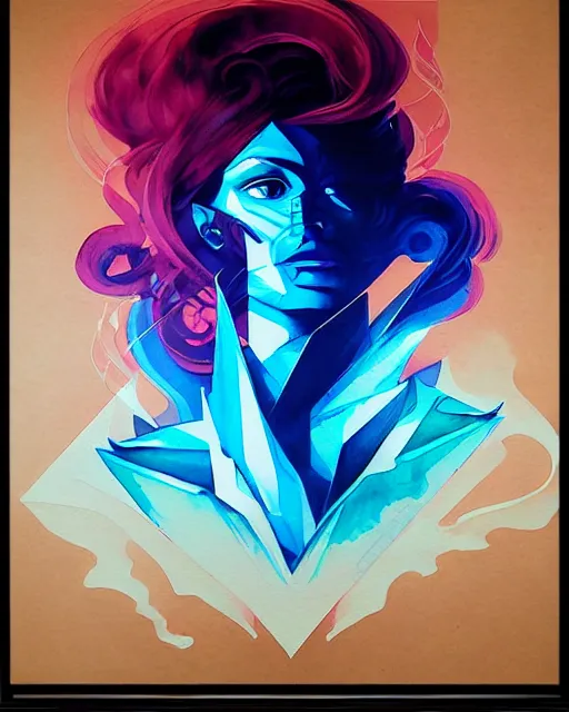 Image similar to synthwave water smoke portrait, shattering acrylic geometric watercolor art by peter mohrbacher and artgerm