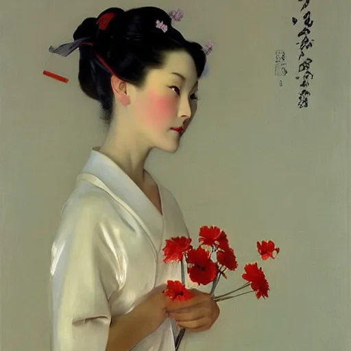 Image similar to yanjun cheng portrait of a beautiful geisha android holding flowers by norman rockwell, bouguereau