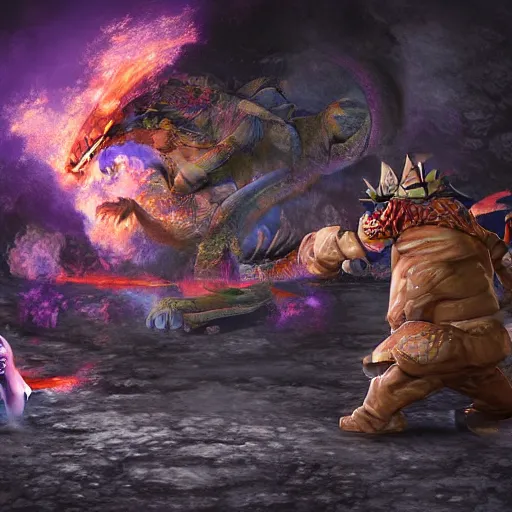 Prompt: ginger man in a purple t-shirt fights a fire breathing dragon in a room filled with dragon eggs, painted, by Hidetaka Miyazaki, high fantasy, concept art