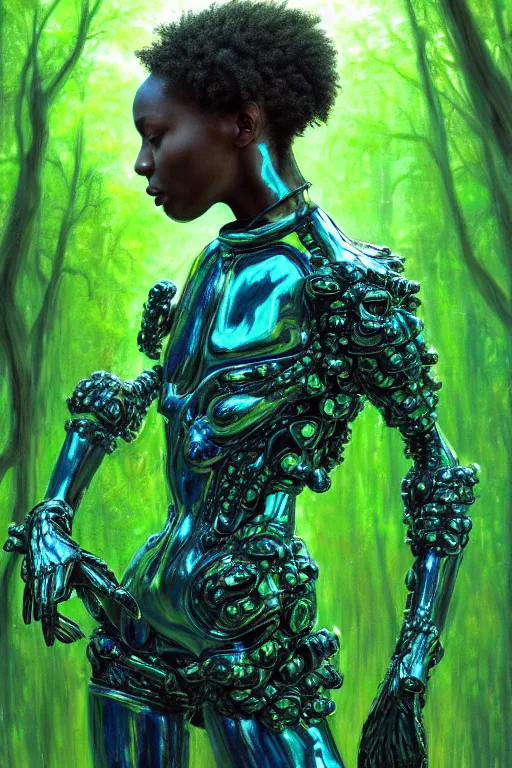 Image similar to hyperrealistic post - baroque super expressive! black woman with exoskeleton armor, merging with tree in a forest, highly detailed digital art masterpiece smooth cam de leon eric zener dramatic pearlescent blue green light ground angle hd 8 k sharp focus