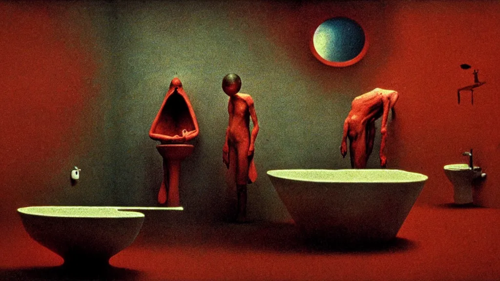 Image similar to the strange creature in the sink, they look at me, film still from the movie directed by wes anderson and david cronenberg with art direction by salvador dali and zdzisław beksinski, wide lens