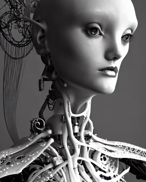 Image similar to black and white dreamy foggy poetic smoky profile face portrait, one silver steampunk realistic eye biomechanical beautiful angelic young female cyclope - cyborg - robot bust, body ribs meshes,, volumetric light, hibiscus flowers, by cecile beaton, rim light, big gothic fashion pearl embroidered collar, 8 k