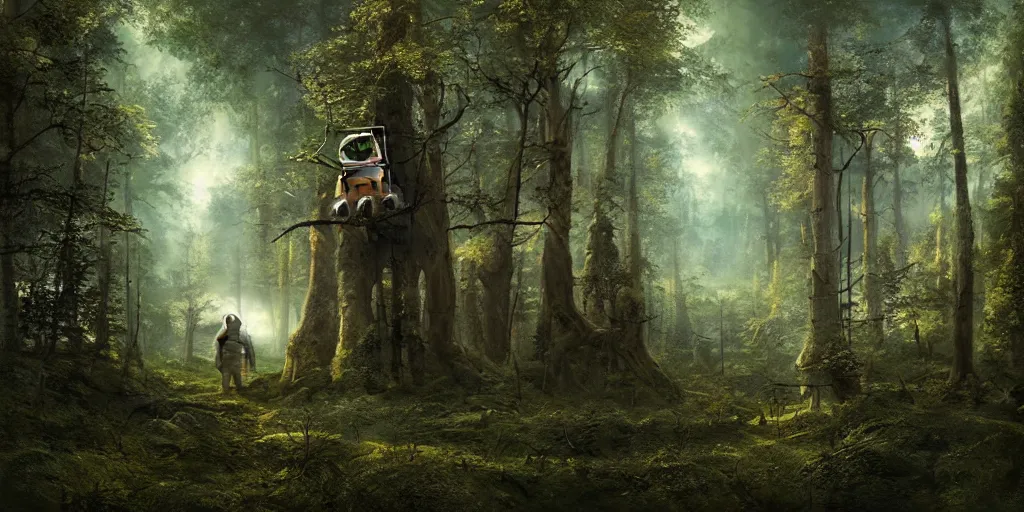 Image similar to an astronaut and a space ship in a forest, a detailed matte painting by frieke janssens, featured on cgsociety, space art, matte painting, matte drawing