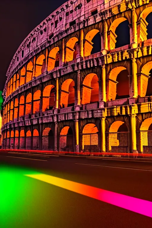 Prompt: neon streets of rome with colosseum in background, 4 k, award winning photo, cyberpunk style