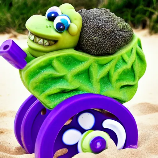 Prompt: cabbage car with brussels sprouts wheels having fun at the beach