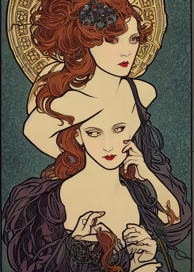 Image similar to a femme fatale painting in the style of mucha, art nouveau