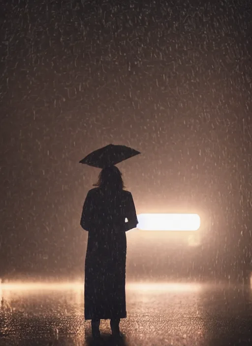 Image similar to a 2 8 mm macro photo of a woman standing in the rain, long exposure, misty, night, splash art, movie still, bokeh, canon 5 0 mm, cinematic lighting, dramatic, film, photography, golden hour, depth of field, award - winning, anamorphic lens flare, 8 k, hyper detailed, 3 5 mm film grain