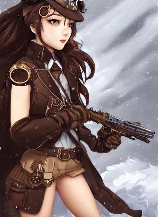 Image similar to girl with steampunk weapons and uniform, serious, intense, finely detailed, made by artgerm, full body portrait, illustration, snow, snowing, cloudy, anime, side view, perfect anime face, realistic face, zoomed out, smooth, brown eyes, high waisted shorts, sharp focus