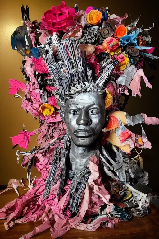 Prompt: papercraft scene made entirely of pipecleaners and crumpled foil of Jean-Michel Basquiat as a full-body bronze baroque statue of Icarus in the posing like a bird for flight, crown of peach roses, flowing pink-colored silk, fabric, flowers. baroque elements, human skull. full-length view. baroque element. intricate artwork by caravaggio. many many birds birds on background. Trending on artstation, octane render, cinematic lighting from the right, hyper realism, octane render, 8k, depth of field, 3D