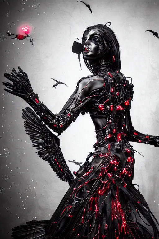 Image similar to full-body cyberpunk style sculpture of a young beautiful dark priestess, half android with a head opening exposing circuitry, glowing red eyes, black roses, flowing blood-red colored silk, fabric, candles. baroque elements, human skull. full-length view. baroque element. intricate artwork by caravaggio. crows flying in background. Trending on artstation, octane render, cinematic lighting from the right, hyper realism, octane render, 8k, depth of field, 3D