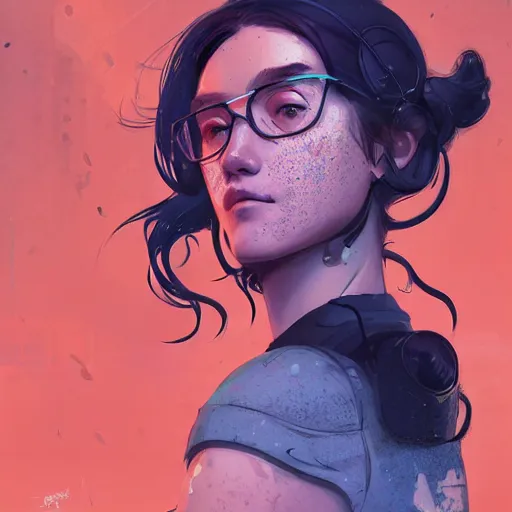 Image similar to Highly detailed portrait of a cyberpunk young lady with, freckles and wavy hair by Atey Ghailan, by Loish, by Bryan Lee O'Malley, by Cliff Chiang, by Greg Rutkowski, inspired by image comics, inspired by graphic novel cover art, inspired by nier!! Gradient color scheme ((grafitti tag brick wall background)), trending on artstation