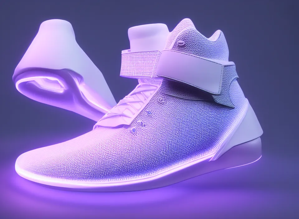 Prompt: realistic 3 d render of a futuristic sneaker, beautiful studio lighting, soft, sharp focus, neon glowing lines, intricate detail, purple and blue leather, soft white rubber, shiny plastic, hexagon mesh, gold filigree, octane render, side view, close up, trending on artstation, deviantart, nike, reebok, salomon