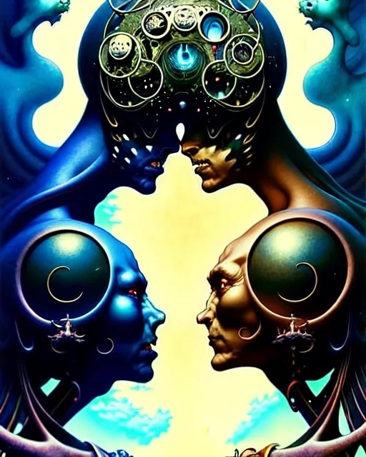 Image similar to two lovers facing each other, tarot card, fantasy character portrait made of fractals, ultra realistic, wide angle, intricate details, the fifth element artifacts, highly detailed by peter mohrbacher, hajime sorayama, wayne barlowe, boris vallejo, aaron horkey, gaston bussiere, craig mullins