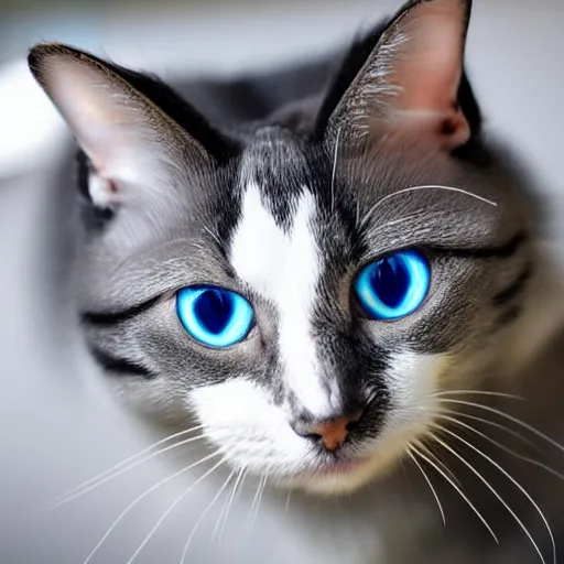 Prompt: a cat with a half white half gray nose with white whiskers and light blue eyes