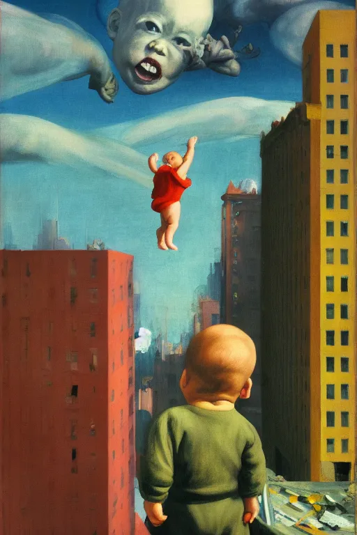 Image similar to evil human giant baby in huggies, grows up to the sky, against the backdrop of destroyed high - rise building, hauntingly surreal, highly detailed painting by francis bacon, edward hopper, adrian ghenie, gerhard richter, and james jean soft light 4 k,