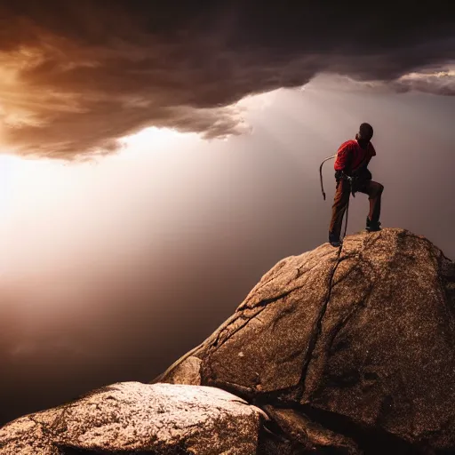 Image similar to a man climbing up a rocky mountain, no ropes, highly cinematic, dramatic, beautiful lighting, god rays, award winning photograph, national geographic, highly detailed, 4k