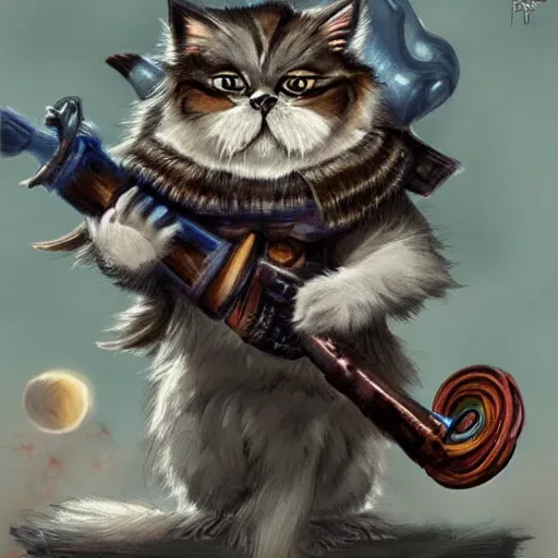 Image similar to a fantasy game portrait of a persian cat. the persian cat has a determined expression and is holding a bazooka. highly detailed and trending on art station.