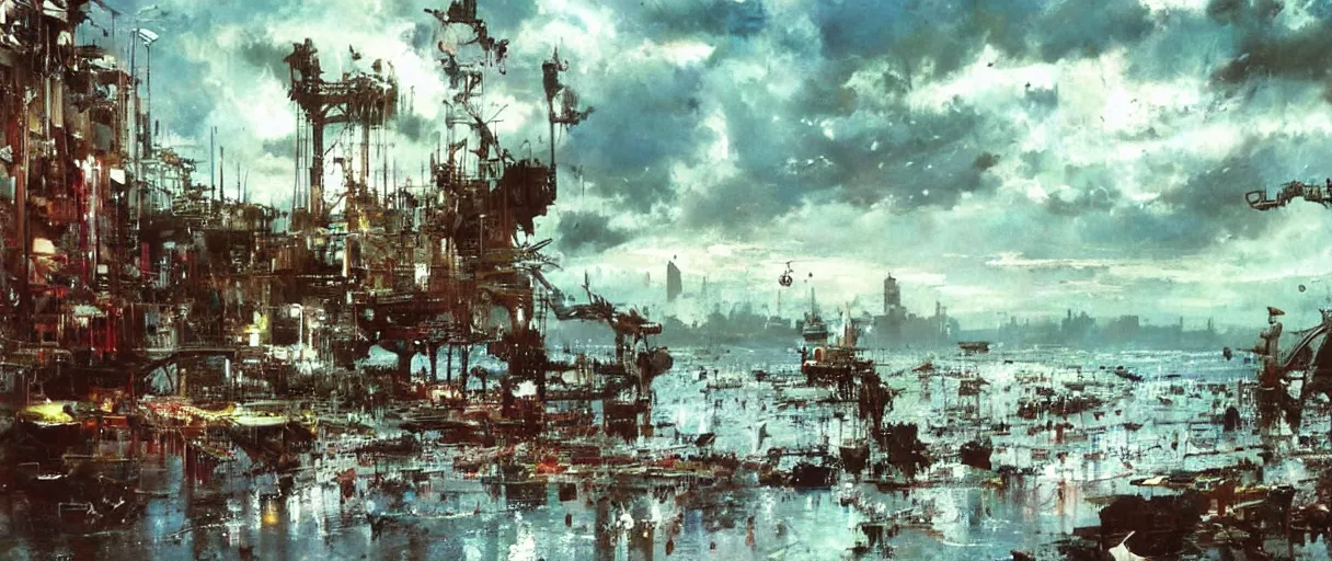 Prompt: a sad monster washing their laundry in the bay by John berkey, cinematic atmosphere, establishing shot