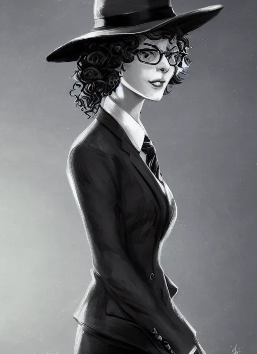 Image similar to a highly detailed illustration of curly short haired girl wearing noir hat and suit and tie, dramatic smiling pose, intricate, elegant, highly detailed, centered, digital painting, artstation, concept art, smooth, sharp focus, league of legends concept art, WLOP