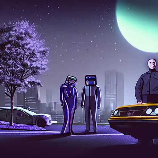 Image similar to odd looking citizens and vehicles in a high rise apartment neighborhood on the Moon, long shadows, holographic trees in a Russian cyberpunk city called Neo Kudrovo on the Moon, pitch black sky with stunning bright stars, bright sun, high contrast, black sky full of stars, holograms, blinding bright sun, sci-fi, cyberpunk outfits, photorealistic, grainy, 35mm, intricate, very very beautiful, elegant, smooth, cinematic, Unreal Engine 5