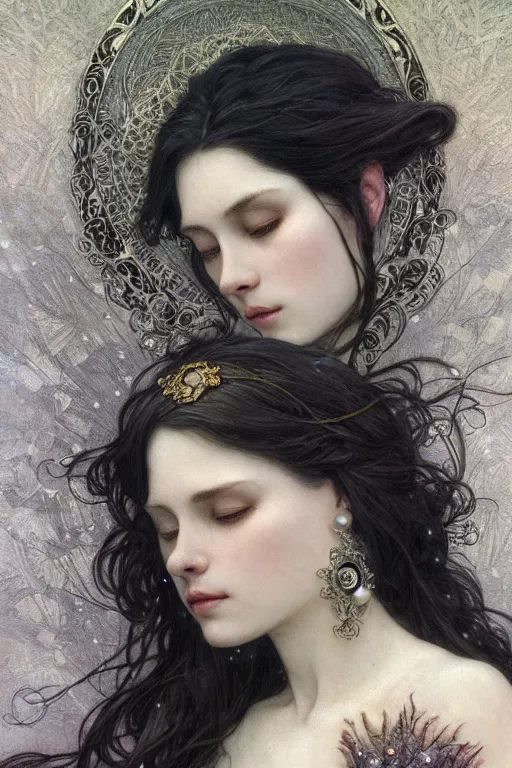 Image similar to thin goddess of moon, long dark hair, sad eyes, pale skin, silver and pearl jewelry, fantasy, intricate, highly detailed, digital painting, artstation, concept art, smooth, sharp focus, art by art by Artem Demura and Alphonse Mucha, ArtGerm, valentina remenar, ruan jia