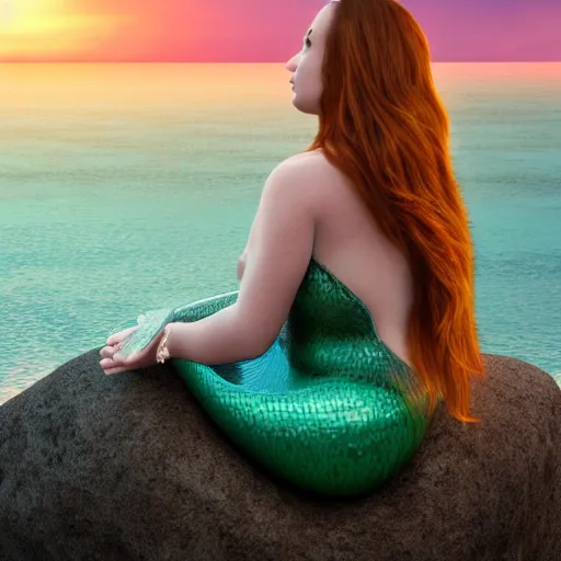 Image similar to a beautiful photograph of a mermaid sits on a rock and stares at the island, sunset lighting, rim light, hyper realistic, 1 0 5 mm, cinematic frame