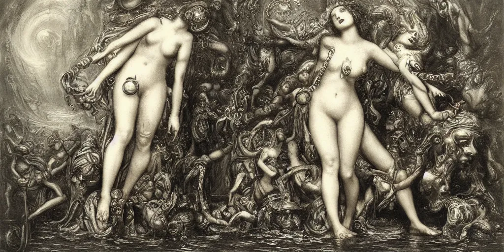 Prompt: Pygmalion and Galatea painting, steampunk, horror by Gustave Dore.