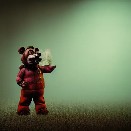 Image similar to a realistic horror photo of Freddy Fazbear by Simon Stalenhag, studio photography, dark grey background, softly backlit, gentle smoke effect.