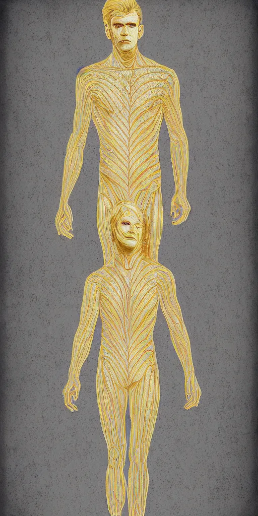 Image similar to whole undistorted human body with thin golden lines transparent crystals and _ textiles pinup _ poster _ of _ the _ pale _ blond _ androgynous soldier lucius _ by j c