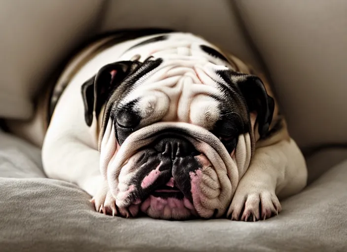 Prompt: a closeup, 4 5 mm, portrait of a sleeping english bulldog in a bed, on a pillow, low light, 4 5 mm, by franz lanting