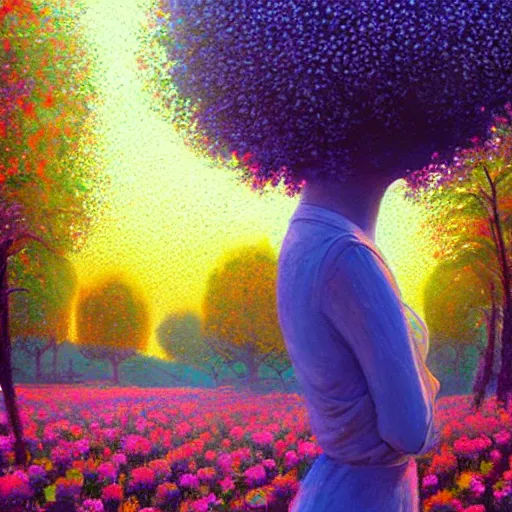 Image similar to girl with giant flower as a face, flower field, big trees, sunrise dramatic light, impressionist painting, colorful clouds, digital painting, pointillism, artstation, simon stalenhag