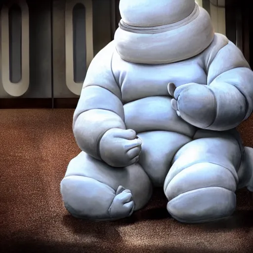 Prompt: the michelin man has his hands behind his back in handcuffs. there is blood on the ground. realistic, high definition, photography, highly detailed.