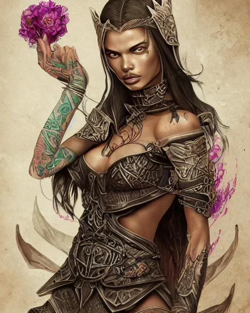 Image similar to close-up face centred portrait Adriana Lima as a female elf, body covered in floral tattoos and elfish runes , open magic book glowing, D&D, fantasy, highly detailed, digital art, fantasy illustration, trending on artstation, smooth, sharp focus, illustration, art by artgem and ROBERT HYNES