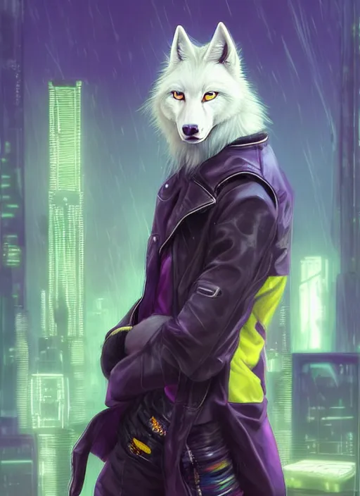 Image similar to award winning beautiful portrait commission of a male furry anthro albino wolf fursona with a tail and a cute beautiful attractive detailed furry face wearing stylish black, purple and yellow cyberpunk biker clothes standing on top of a high rise in a cyberpunk city at night while it rains. Character design by charlie bowater, ross tran, artgerm, and makoto shinkai, detailed, inked, western comic book art