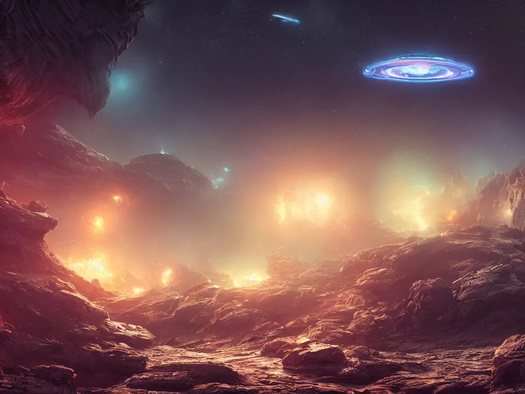 Prompt: deep space alien spacecraft landing on an alien planet surface, dust, particles, highly detailed, intricate, by Raphael Lacoste, Eddie Mendoza, Alex Ross, bokeh on background of neon outer space nebulas by Pilar Gogar, concept art, matte painting, 8K HDR