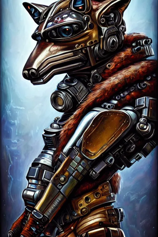 Image similar to a portrait of a muscular anthropomorphic cyberpunk fox lizard with big head in spacesuit armor with ensignia on chest plate by sandra chevrier, by jon foster, detailed render, pistol in holster, tape deck, epic composition, cybernetics, 4 k realistic, cryengine, realistic shaded lighting, sharp focus, masterpiece, by enki bilal