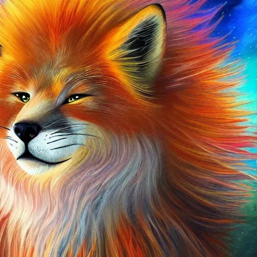 Image similar to cute fluffy fox cat mixed creature with long colorful flowing lion mane with mohawk hairstyle hybrid animal detailed painting 4 k