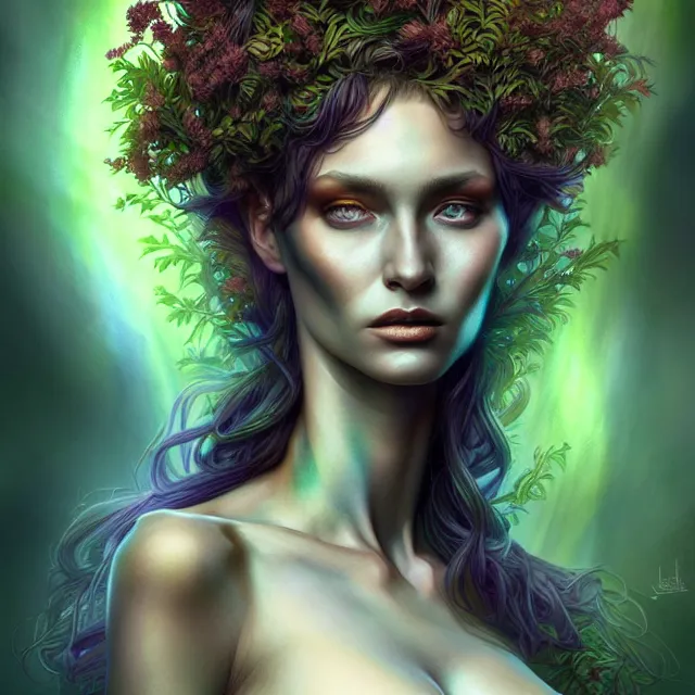 Prompt: portrait, attractive mutant dryad, digital tempera and pastels, dramatic lighting, extremely high detail, pen and ink, intricate illustration, by jim burns, artstation, wlop, pixiv