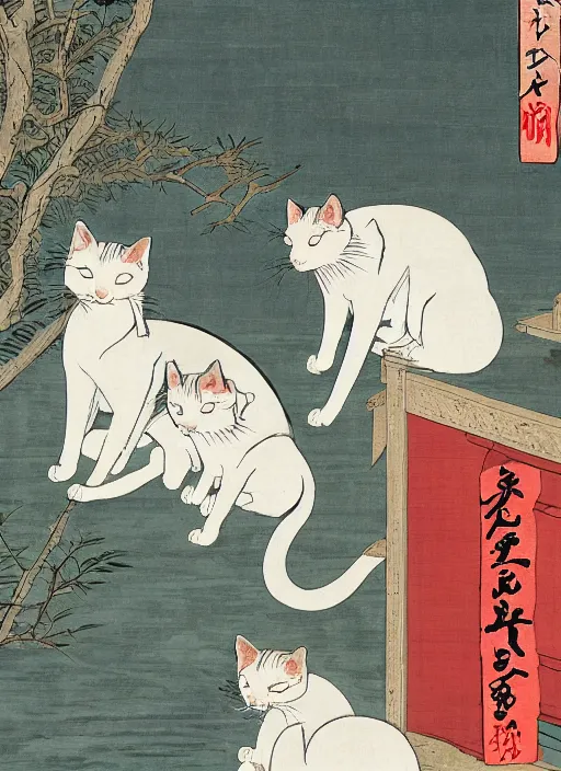 Image similar to whitecat with 2 baby white cats of utagawa hiroshige, digital painting 4 k uhd image, highly detailed