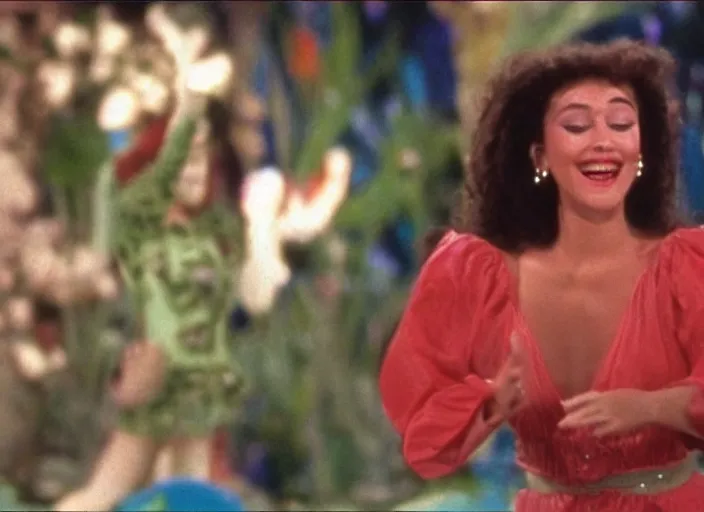 Prompt: Funny TV show in 90s. Color VHS footage. A beautiful woman dancing on the small stage in open air.