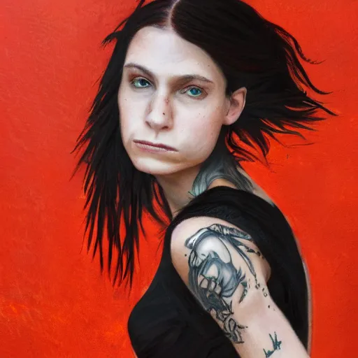 Image similar to award winning anachrome studio portrait of a girl with a dragon tattoo