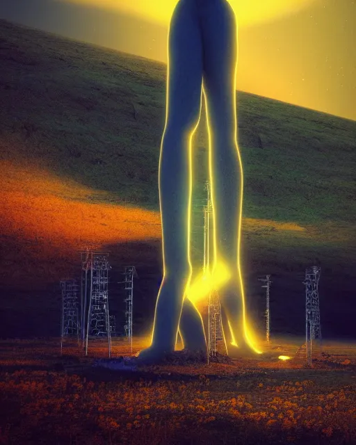 Image similar to a glowing female spirit of mother nature screams out in agony. drilling rigs bore into the earth in the background. wide shot, detailed, sharp, 8 k, award winning digital art by beeple.