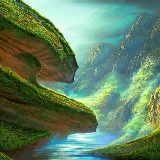 Image similar to beautiful digital artwork of a lush natural scene on an alien planet by arthur haas. artistic science fiction. interesting color scheme. beautiful landscape. weird vegetation. cliffs and water.