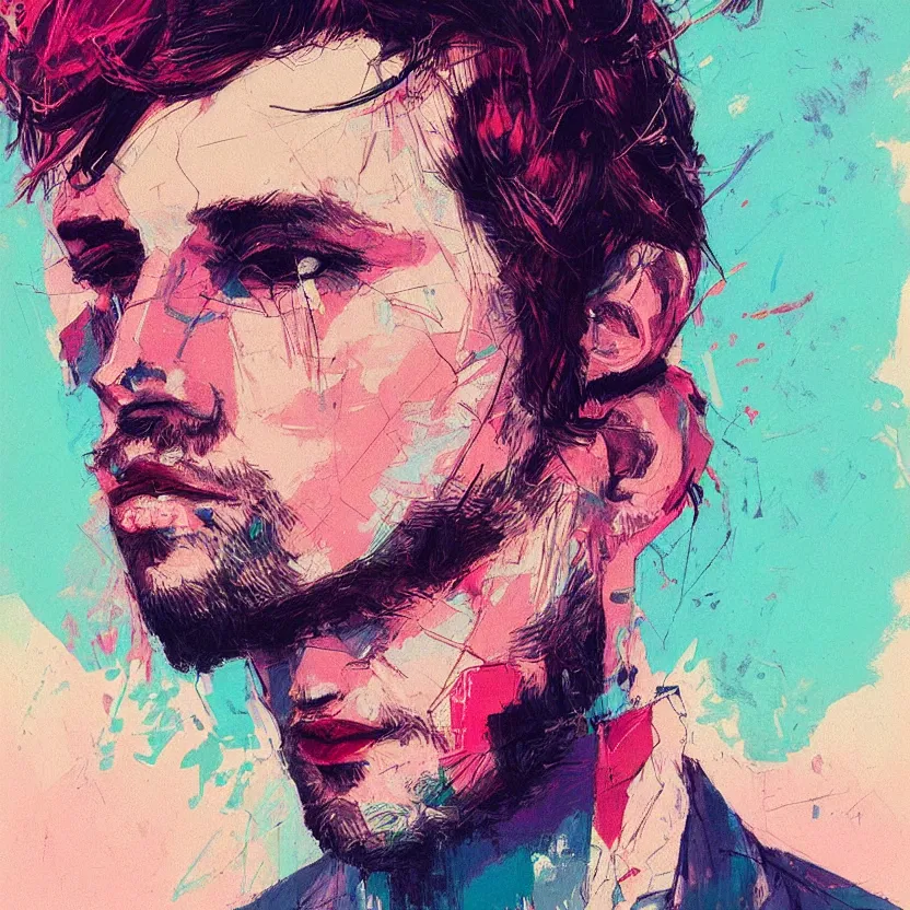 Image similar to close up portrait painting of a male musician in nineties street styling, concept art, intricate details, aesthetically pleasing pastel colors, art by conrad roset, impressionism, portrait