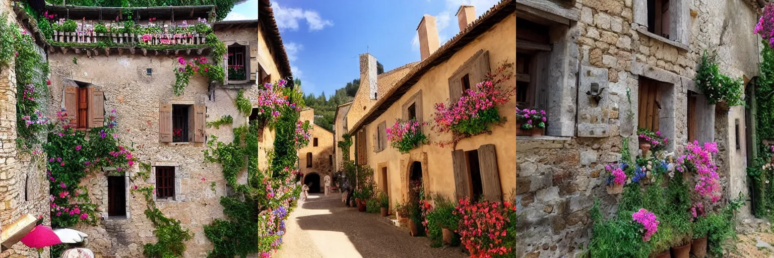 Prompt: medieval village in the south of France. hyper realistic, very detailed, with flowers on the walls, painting style
