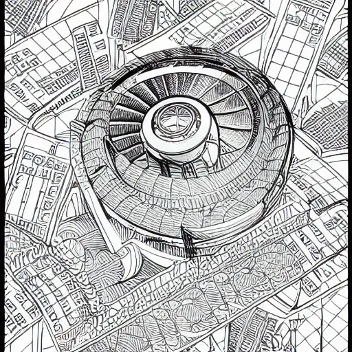 Image similar to Simplistic coloring book of a turbine blueprint, black ball pen on white paper, by Josan Gonzalez and Geof Darrow